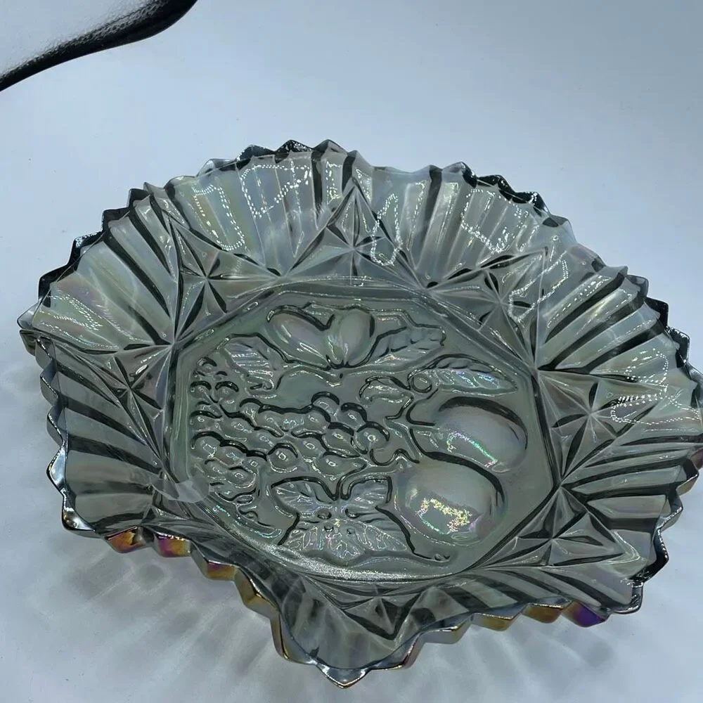 Vintage Federal Glass Pioneer Smoke Iridescent Carnival glass ruffled bowl.